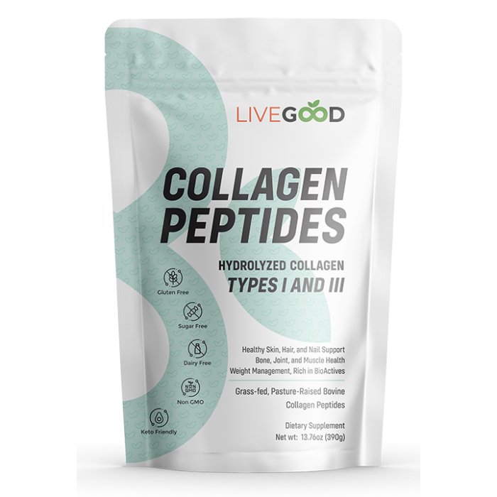 LiveGood collagen peptides packaging, gluten-free supplement.
