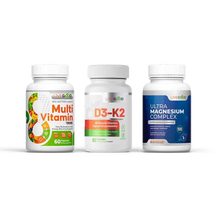 Three LiveGood supplement bottles: multivitamin, D3-K2, magnesium.